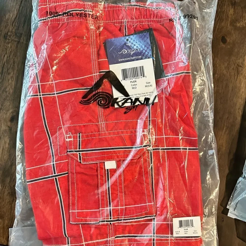 NWT KANU Surf Boys Board Shorts Swim Trunks Red Black Plaid - Size Medium 5/6